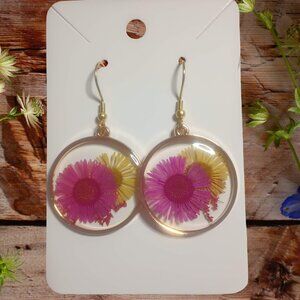 Pink and Yellow Dried Flowers in Resin Earrings with Gold Plated Wires